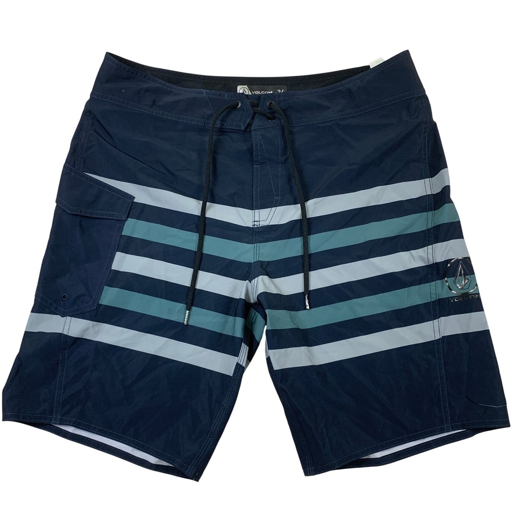 Volcom Mens Striped Board Shorts Navy Blue Teal Swim Trunks A0802200 Size 34
